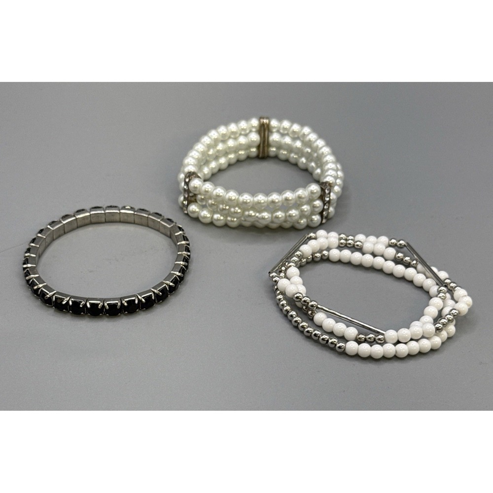 Lot 5-Bracelet, Stretch wrap around, imitation pearl w/ sparkling Silver& Black